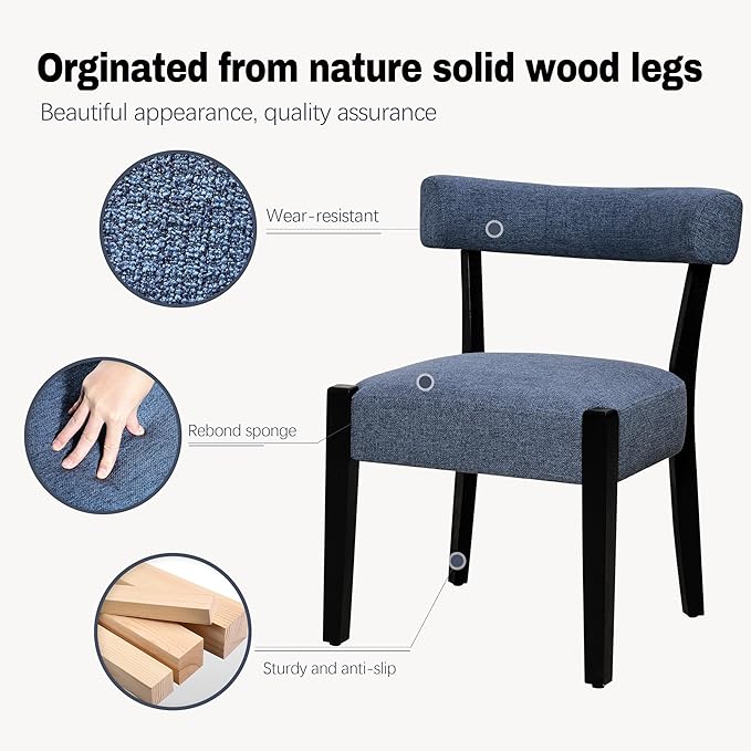 Modern Dining Chairs Set of 4, Upholstered Kitchen & Dining Room Chairs, Mid Century Modern Wooden Dining Chairs Oversized Sturdy Fabric Rounded Chairs Curved Back, Blue