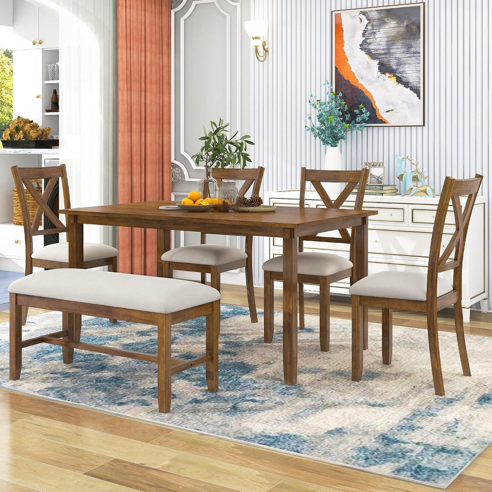 Merax 6 Piece Farmhouse Dining Table Set, 60" Solid Wood Rectangular Kit...