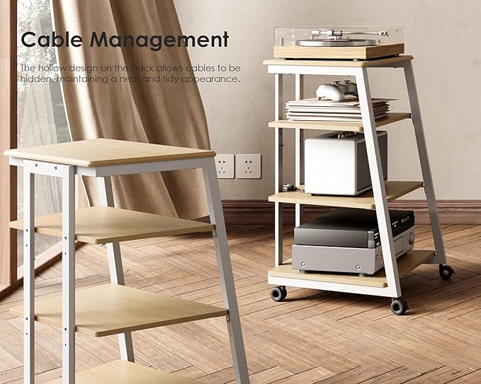 FITUEYES Design 4-Tier AV Media Stand Corner Shelf Stand Wooden Corner Shelves Component Cabinet Stereo Rack Audio Tower with Height Adjustable Wooden Shelves for ps4 (White Oak)