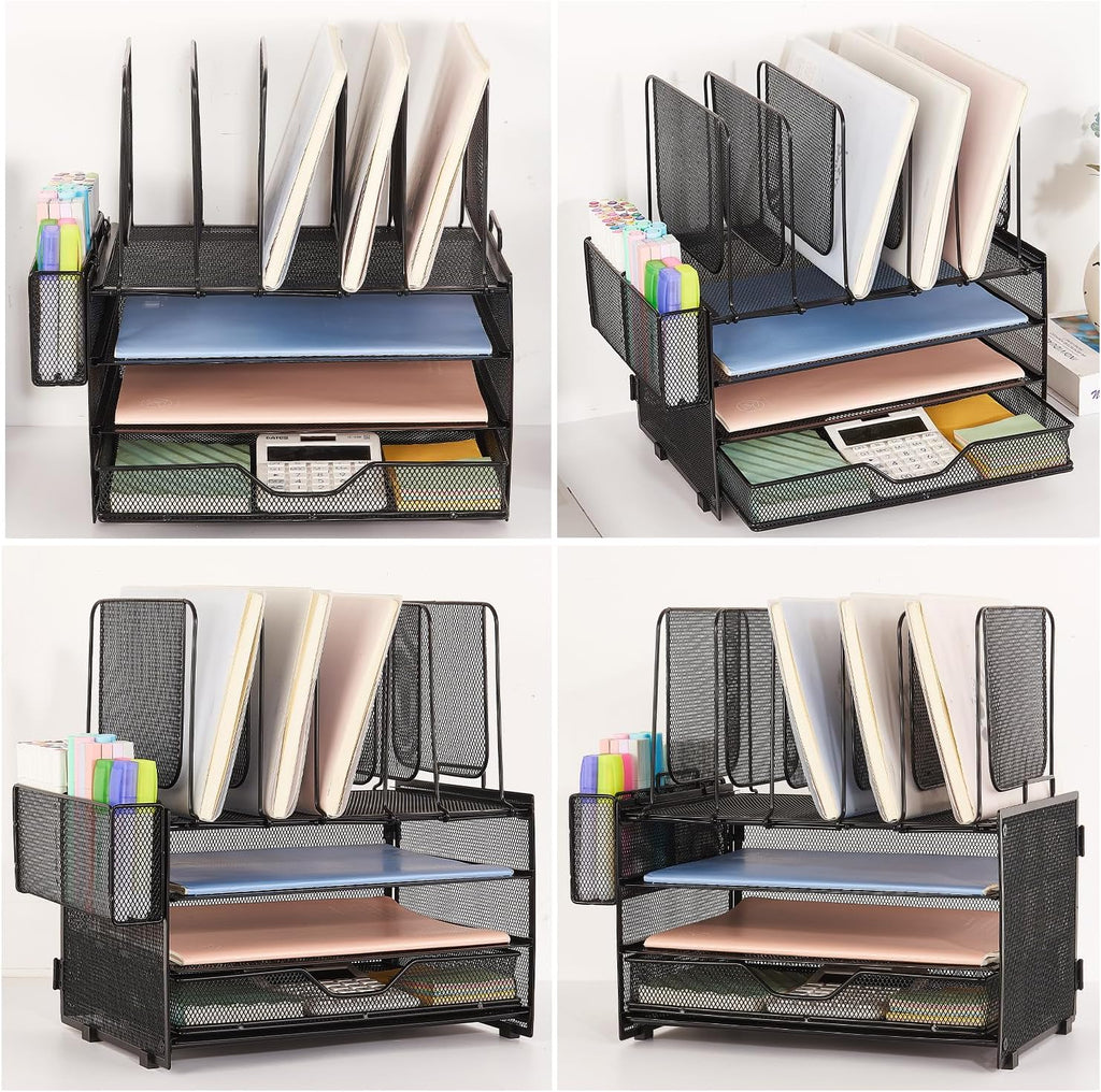 Desk Organizers and Accessories, 3-Tier Paper Organizer with 5 Vertical File Holders, File Organizer for Desk (Black With Drawer, 3T With Drawer)