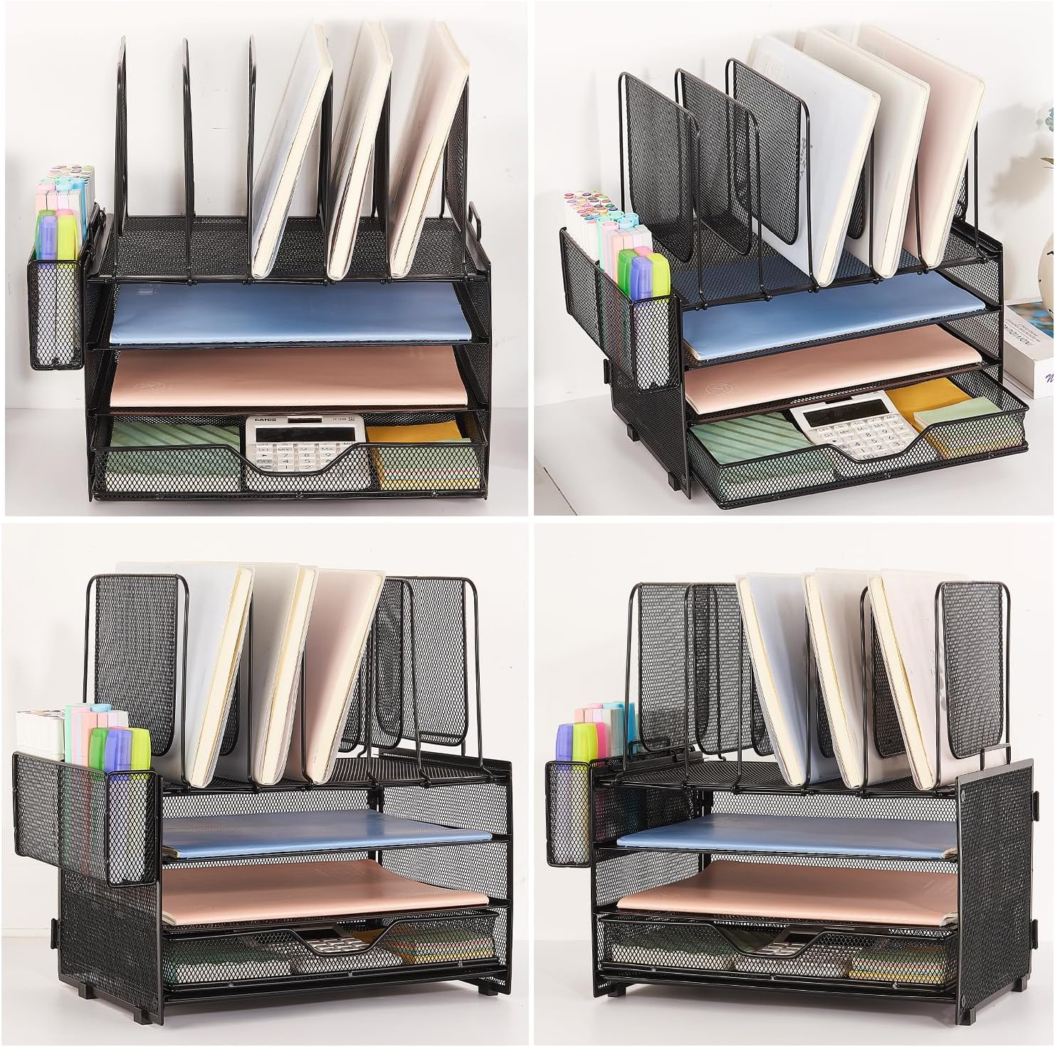 Desk Organizers and Accessories, 3-Tier Paper Organizer with 5 Vertical File Holders, File Organizer for Desk (Black With Drawer, 3T With Drawer)
