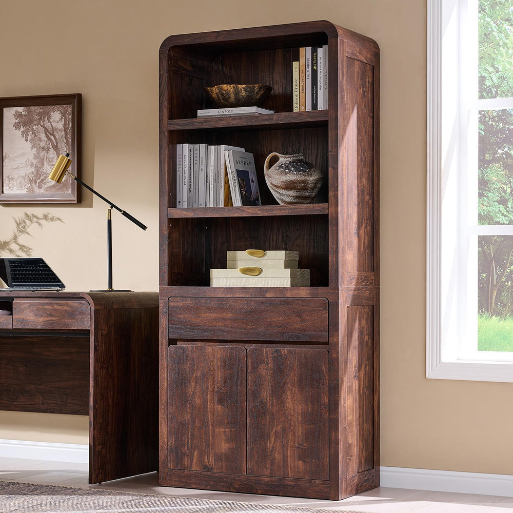72" Tall Modern Bookshelf with Doors, 5-Tier Large Bookcase w/Drawer, Wo...