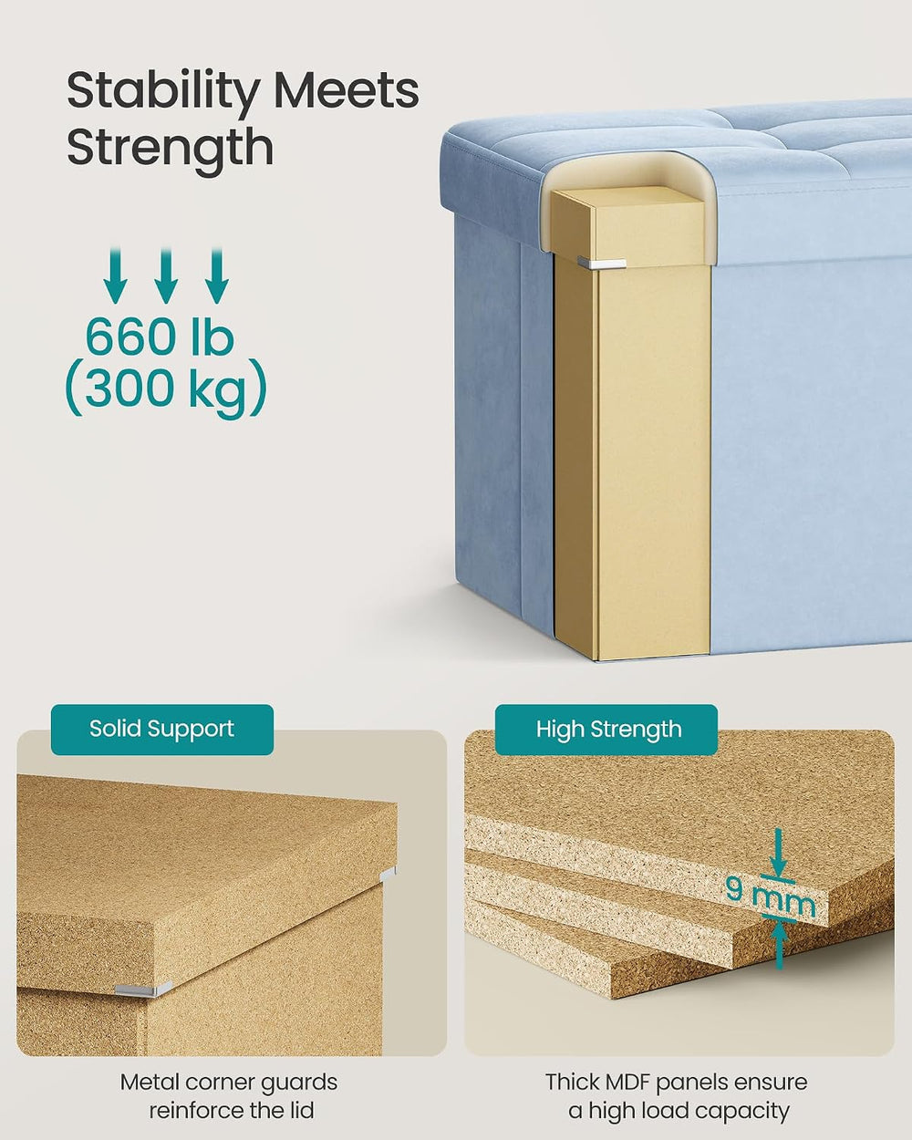 SONGMICS Foldable Storage Ottoman with Flipping Lid, 43.3 Inch Velvet Bench |...