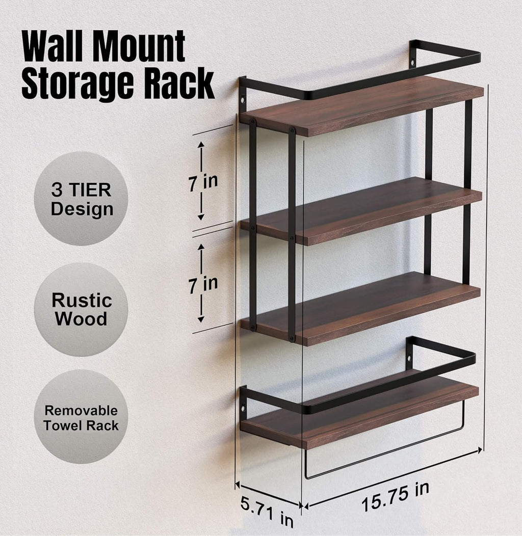 RICHER HOUSE 3+1 Tier Wall Mounted Floating Shelves Set of 2, Rustic Wood Wall Shelf with Metal Frame, Extra Storage Rack for Bathroom, Kitchen, Bedroom with Tissue Rack & Towel Bar - Rustic Brown