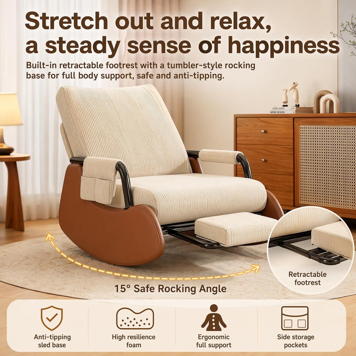 Nursery Glider Rocking Chair Rocking Chair with Foot Rest Nursery Chair, Wear Resistant Washable Corduroy Cover Ergonomic Foldable Stable Frame for Apartment Nursery
