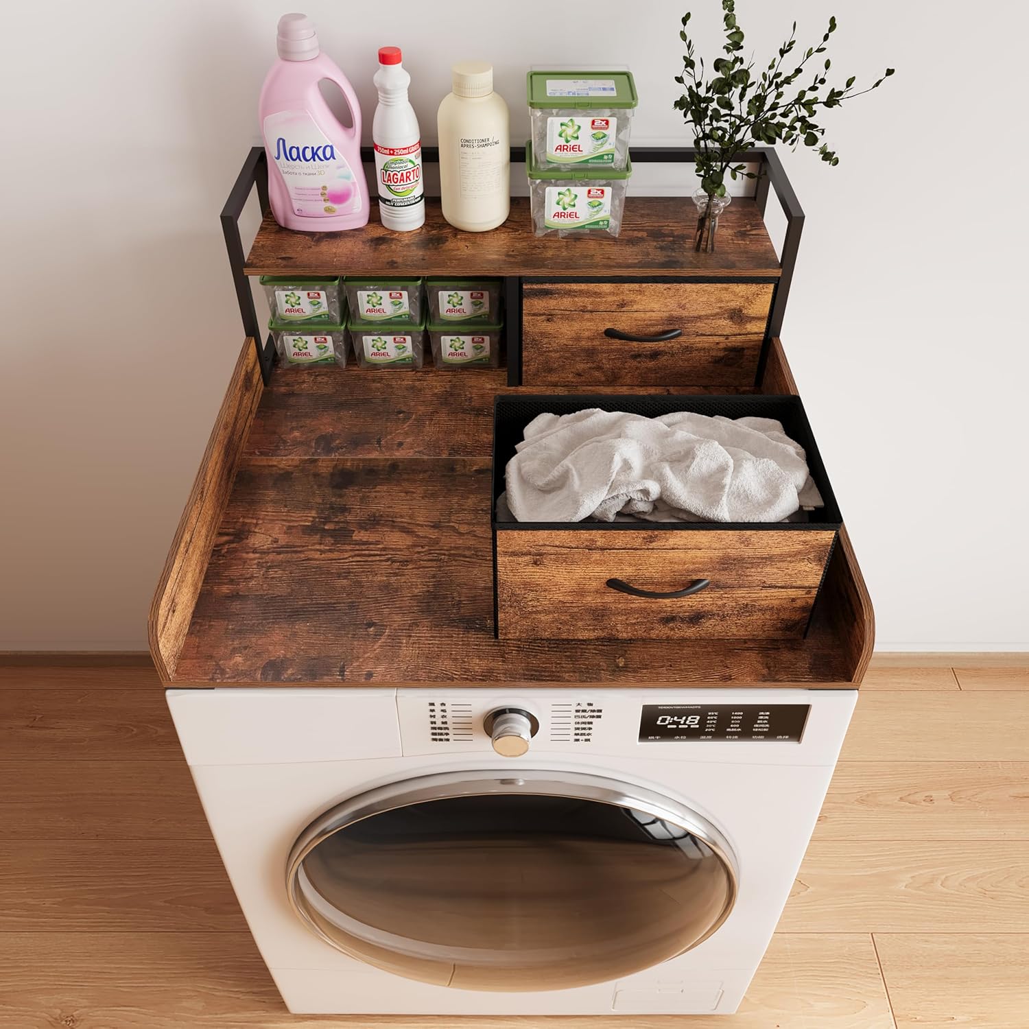 2-Tier Washer Dryer Countertop single with shelf and fabirc drawer,laundry topper with Edge and Non-Slip Pad for Washer Dryer Laundry Hamper Counter Storage Organization (rustic brown, single)