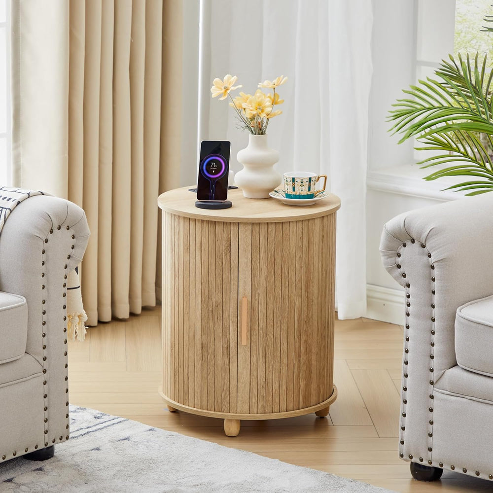 Set of 2 Fluted Round End Table with Charging Station, Small Farmhouse Sofa S...