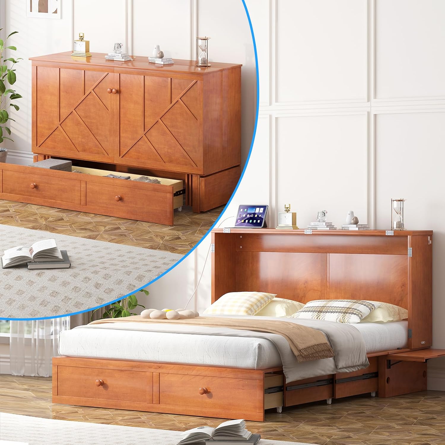PUREMIND Queen Murphy Bed — Multi-Functional Hideaway Cabinet Bed with Headboard, Space-Saving Wall Bed with USB-C Charging Ports & 2 Storage Drawers for Guest Room, Apartment, Home Office, Cherry
