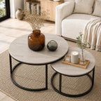 Otterease Nesting Tables Set of 2, 31.5" Round Coffee Table, Large Nesting Coffee Table with Adjustable Non-Slip Fee, Wood Grain Top Nesting Tables for Living Room, Bedroom (Wood Grain Grey)