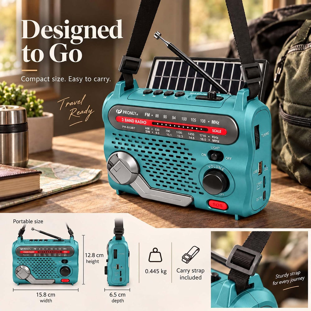 PR-813BT Portable AM FM SW Radio with Bluetooth, Solar Charging