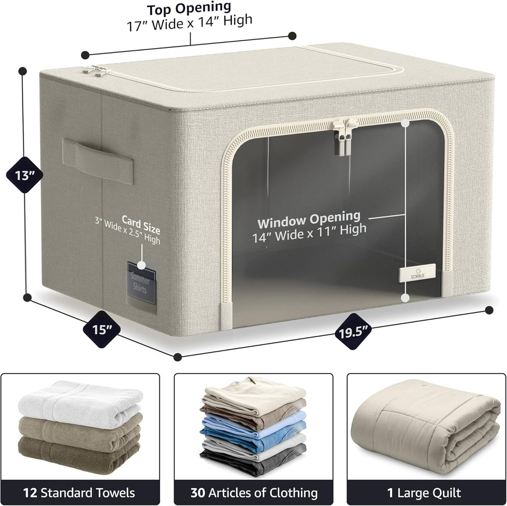 Sorbus Storage Bins with Metal Frame - Stackable & Foldable Clothes Organizer Bags - Oxford Fabric Storage Containers with Large Clear Window & Carry Handles Organization for Bedding Linen & Clothing