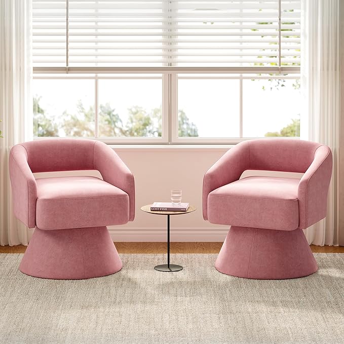 LINSY Swivel Barrel Chair, 360 Modern Swivel Accent Chair Boucle Swivel Chair Round, Pink Velvet Chairs with Arms, Small Barrel Chair for Small Spaces Bedroom Living Room