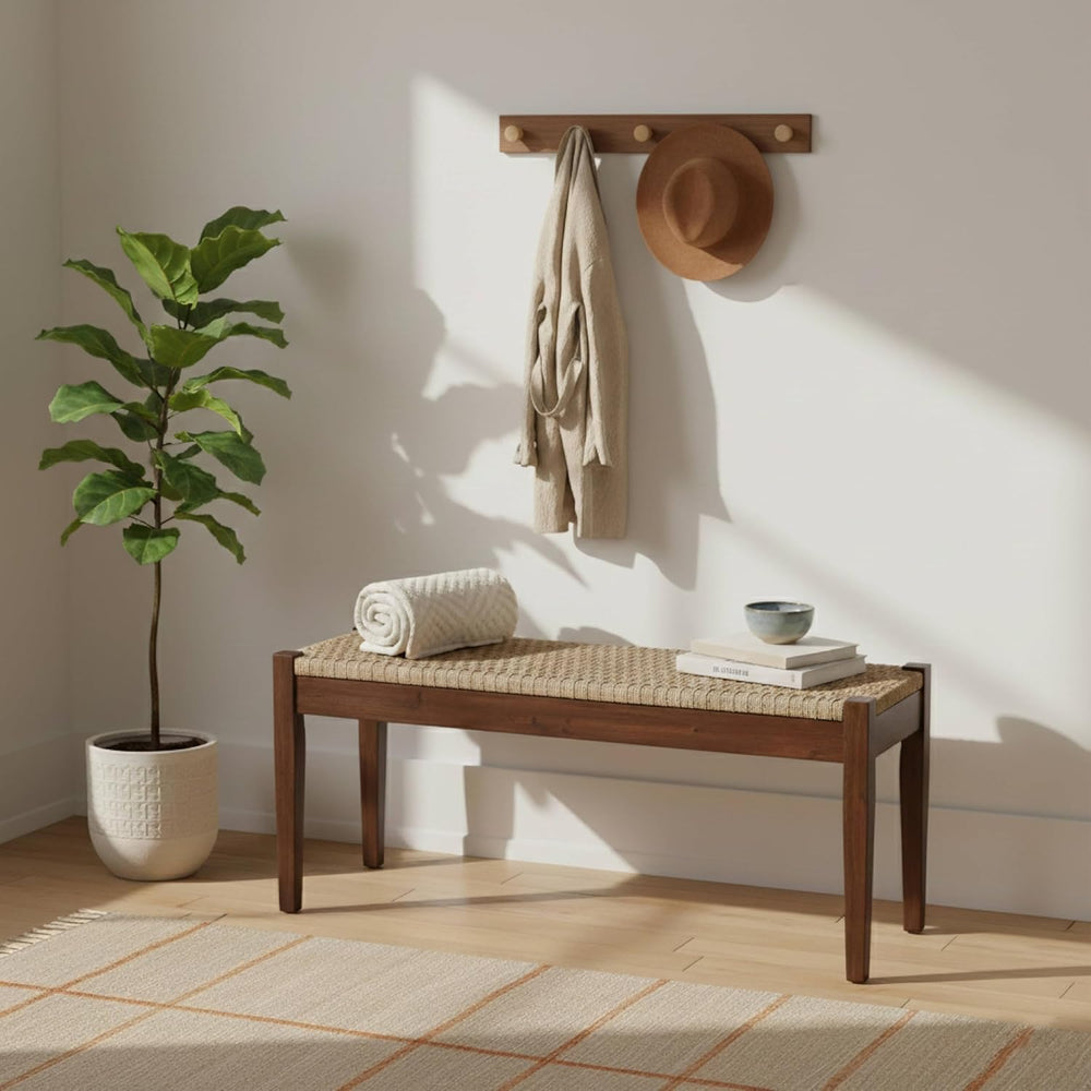 Vintage Entryway Bench, 45 inch Acacia Wood Bench with Woven Rope Seat, Wicke...