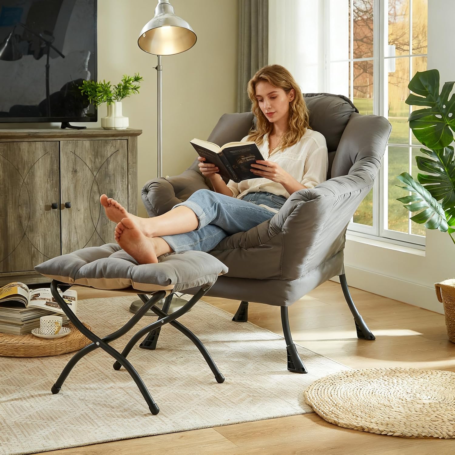 HollyHOME Lazy Chair with Foldable Ottoman, Accent Comfy Lounge Armchair and Folding Footrest Stool, Leisure Sofa Reading Chair and Footstool for Living Room, Bedroom, Dorm,Dark Grey