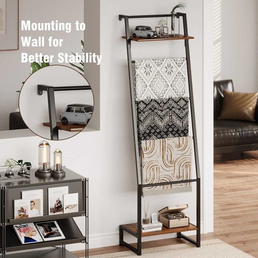 Nuoex Blanket Ladder with Shelf, 6 Layer Wall-Leaning Blanket Rack, Farmhouse Blanket Shelf for Storage and Home Decor, Freestanding Rack for Bathroom, Rustic Brown and Black