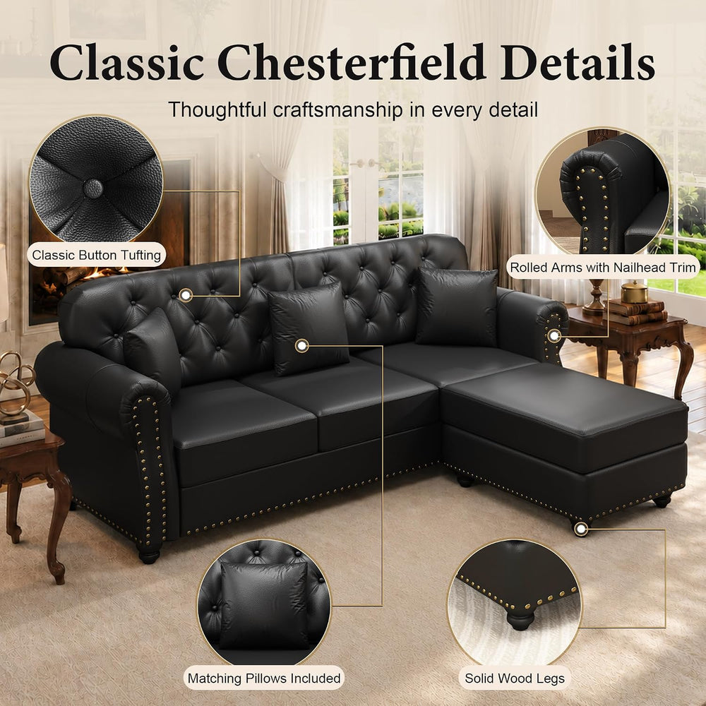 2-Piece Faux Leather Chesterfield Sofa & Loveseat Set with Ottoman, Black