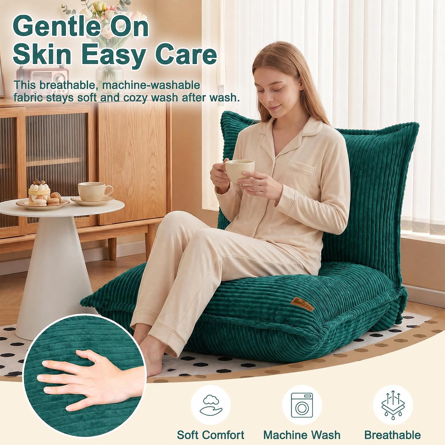 L-Shaped Oversized Bean Bag Chair(L-Green) | Fluffy Memory Foam Beanbag with Corduroy Fabric for Adults Teens Kids, Lounge Floor Sofa Chair for Living Room Bedroom