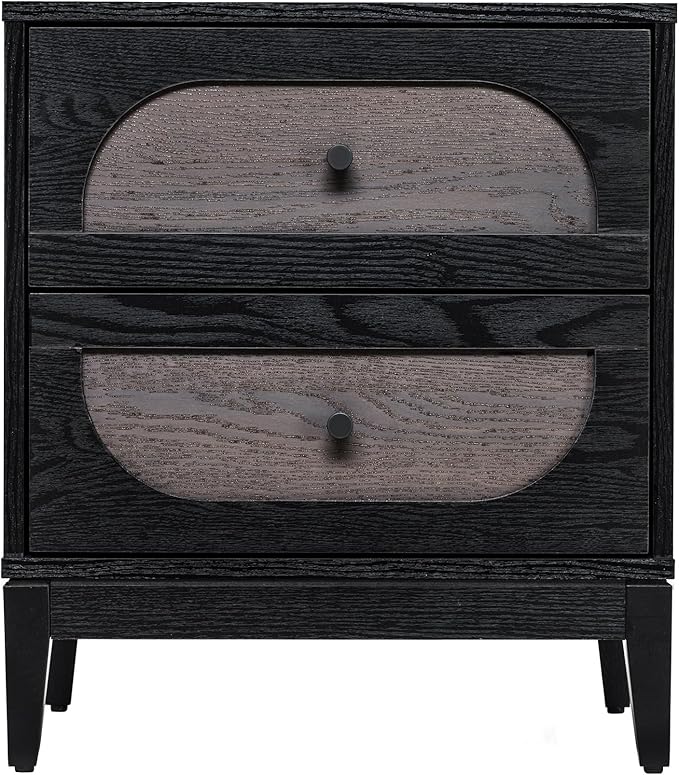 Sango Arch 2-Drawer Nightstand, Modern Black Wood Bedside Table with Two-Tone Finish, Storage Drawers, Sturdy Legs, Minimalist Stylish Furniture for Contemporary Homes