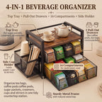 2 Tier Large Tea Bag Organizer with 16 Compartments, Side Cup Holder, Wood and Metal Coffee Bar Storage Station with Pull out Drawers and Top Tray for Countertop Kitchen Office, Rustic Brown