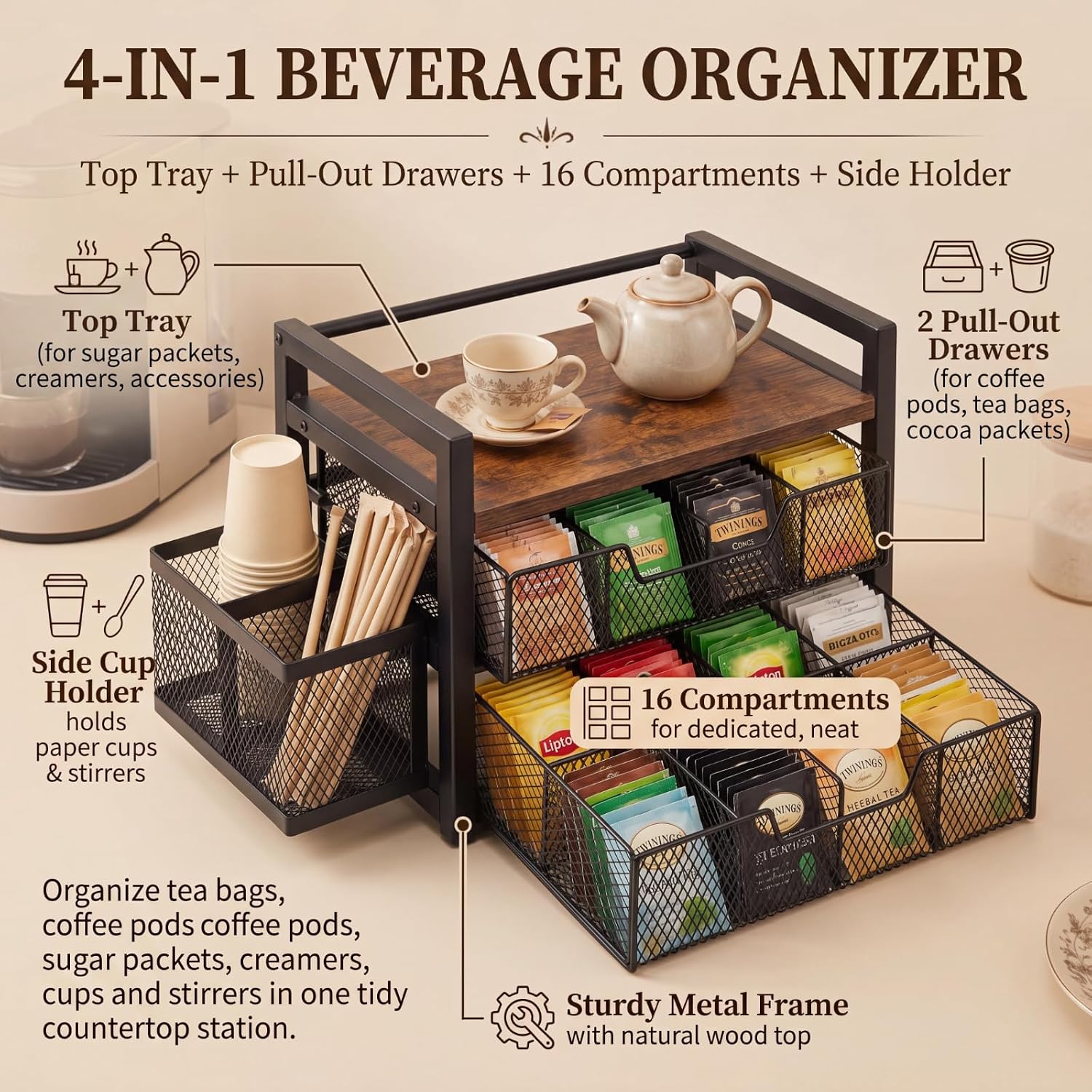 2 Tier Large Tea Bag Organizer with 16 Compartments, Side Cup Holder, Wood and Metal Coffee Bar Storage Station with Pull out Drawers and Top Tray for Countertop Kitchen Office, Rustic Brown