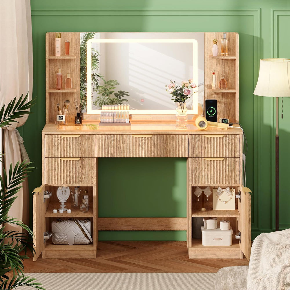 Fluted Vanity Desk with 30.2" Mirror and Lights, Glass Top Makeup Vanity...
