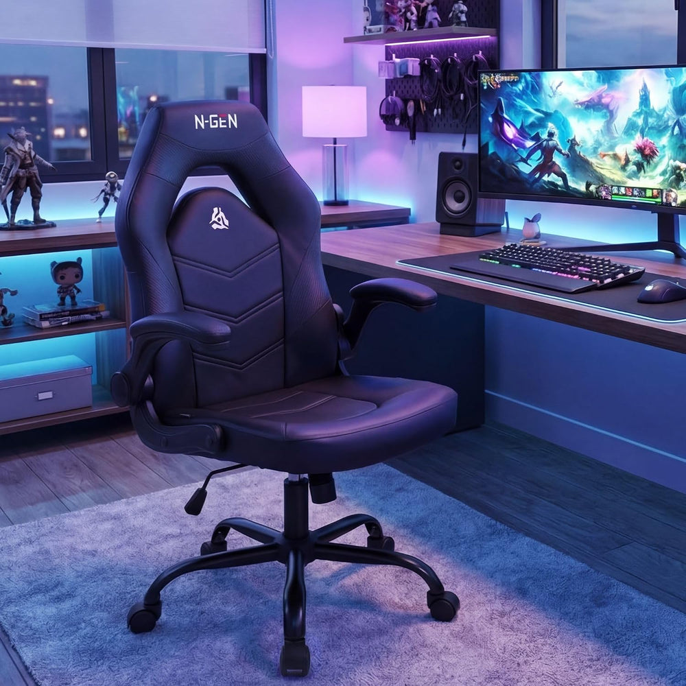 N-GEN Gaming Gaming Chair, Lumbar, PU Leather, Flip-Up Arms, Jet Black | Ergo...