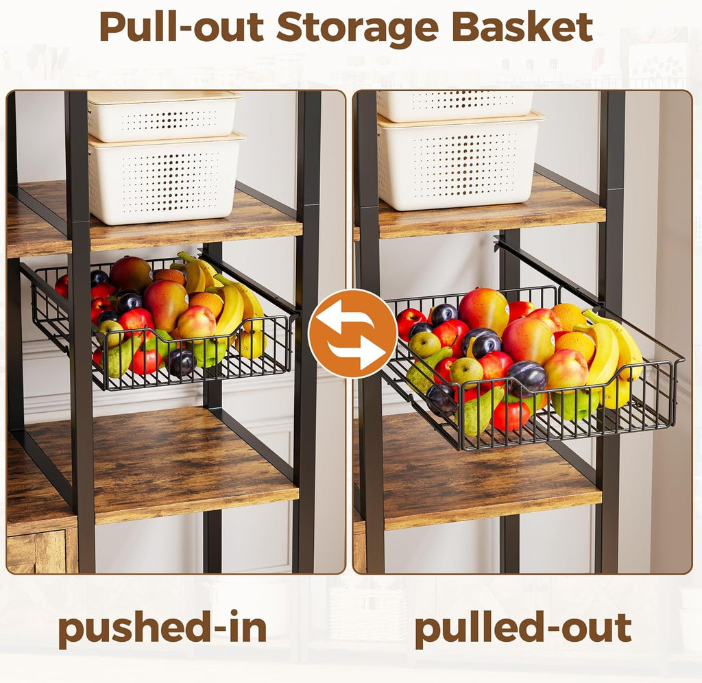 IRONCK Bakers Rack with Power Outlet, Coffee Bar Cabinet, Vintage Brown | Built-In Power Outlet. 55-inch countertop fits microwaves. Wine glass holder, 5 hooks, 2 cabinets. P2 MDF. Anti-tip.