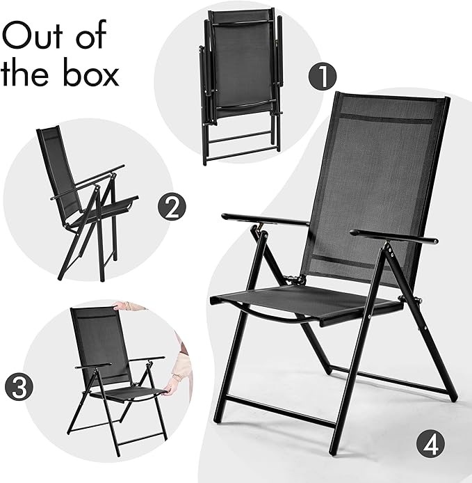 Yaheetech Patio Folding Dining Chairs Set of 2, Stackable Outdoor Lawn Chairs with 8 Adjustable Back Positions and Armrest for Garden, Lawn, Yard and Beach, Black