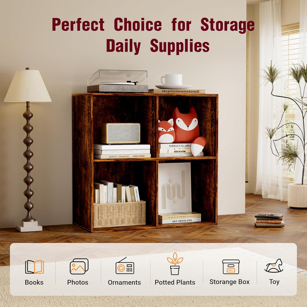 Book Shelf, Wooden Cube Storage Organizer with 11" Open Cubes, Stackable Bookcase for Room Divider Storage, 2 Tier Bookshelf for Living Room, Bedroom, Office (Indonesian Antique Oak, 4-Cube)