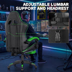 Bigzzia Gaming Chair with Footrest, Ergonomic Computer Game Chair with 20'' Wide Seat, Adjustable Lumbar Support, Headrest, 90°-135° Reclining Gaming Chairs for Adults, Black Green