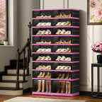 CIMLORD 9-Tier Foldable Shoe Rack Organizer with Door, 36 Pairs, Black-Pink | Collapsible Large Shoe Rack for 36 Pairs, Fits Boots, Wide Stackable, Clear Door, Lidded Boxes, Easy Assembly, for Closet