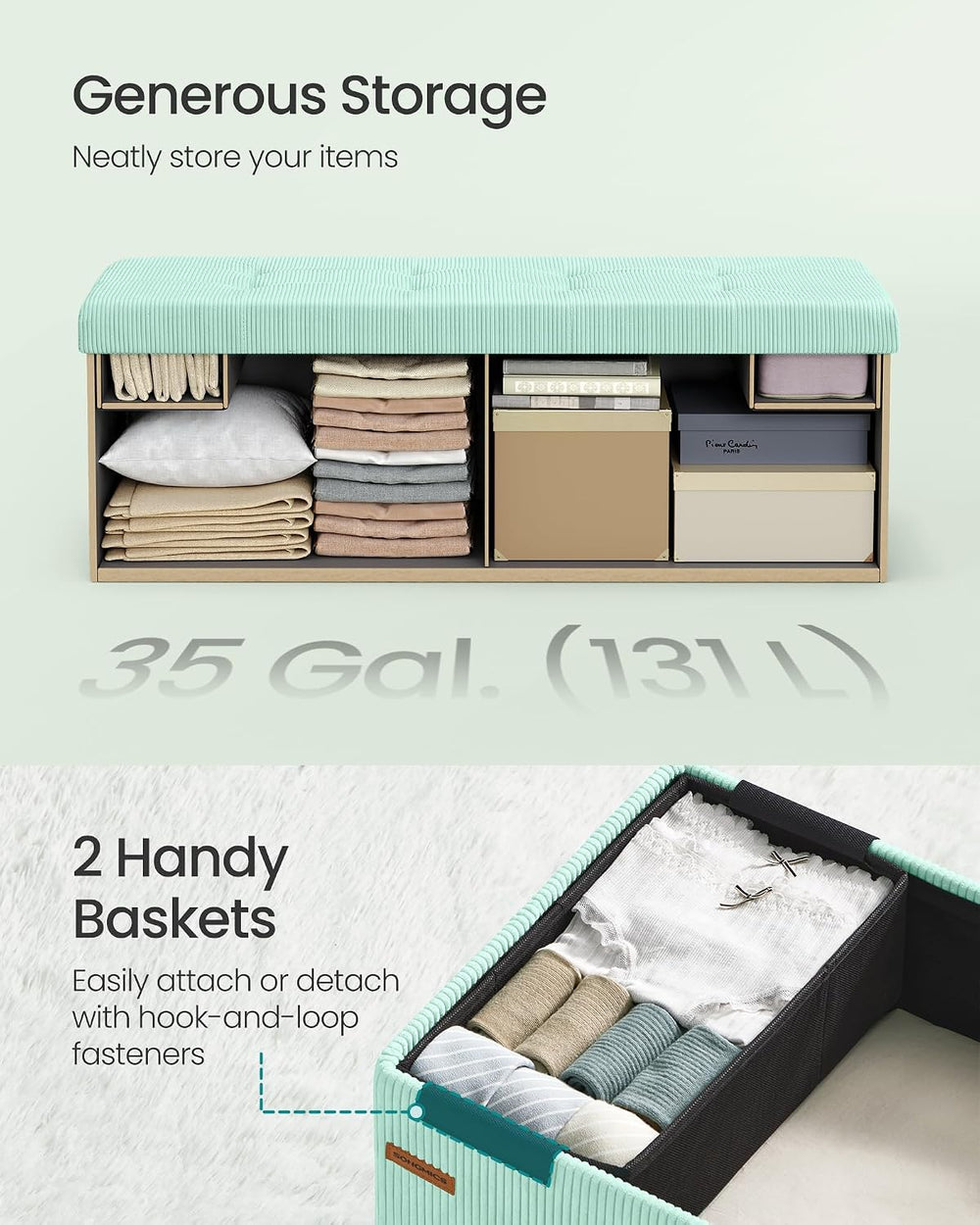 SONGMICS Ottoman Storage Bench, 43 Inch Foldable Foot Rest | Corduroy, for En...