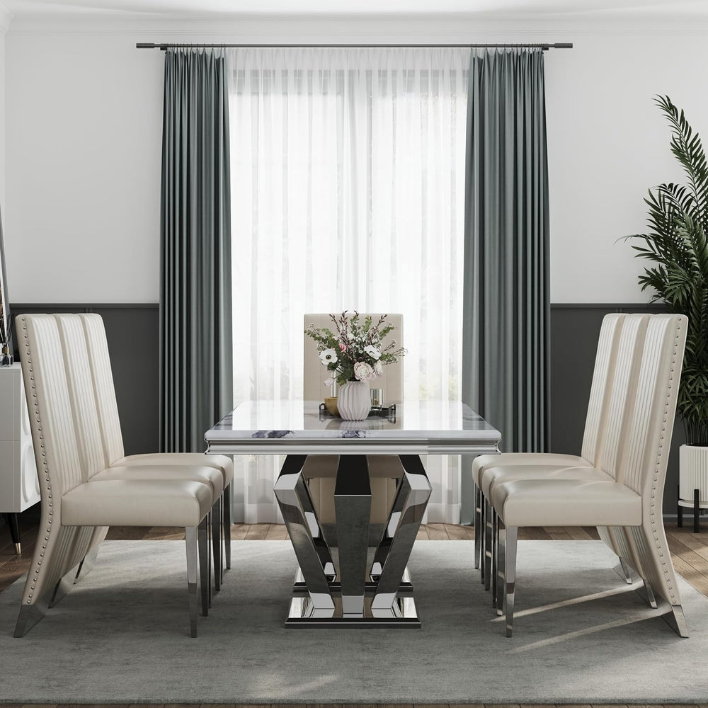 AUZ White Leather Dining Chairs Set of 6, White and Silver Upholstered Dining...