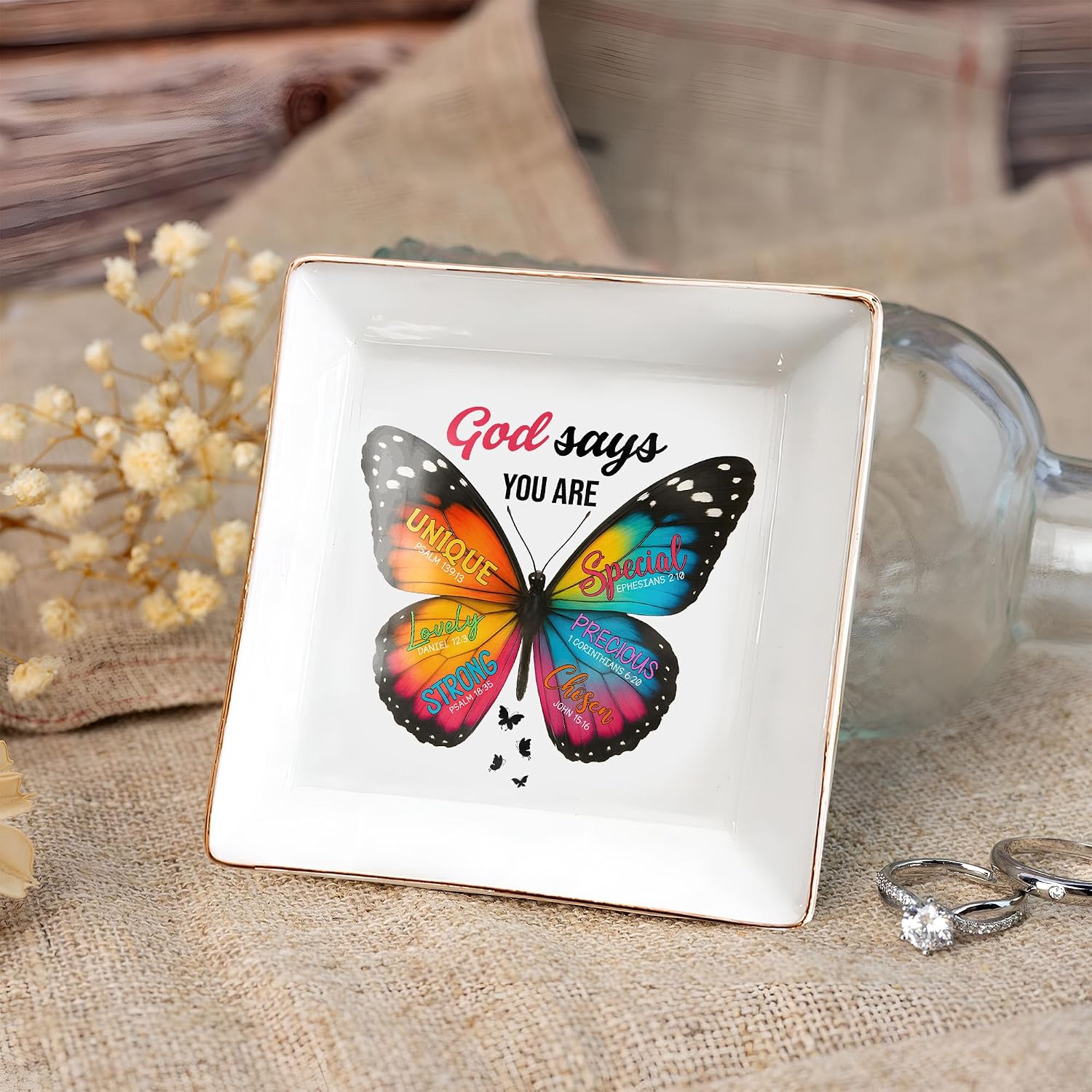 Christian Bible Verse Jewelry Dish Gift for Women, Butterfly Religious 4" Ceramic Jewelry Tray, Christian Gifts for Mom, Daughter, Friends - Birthday, Confirmation, Catholic Gift for Her, Teen Girls