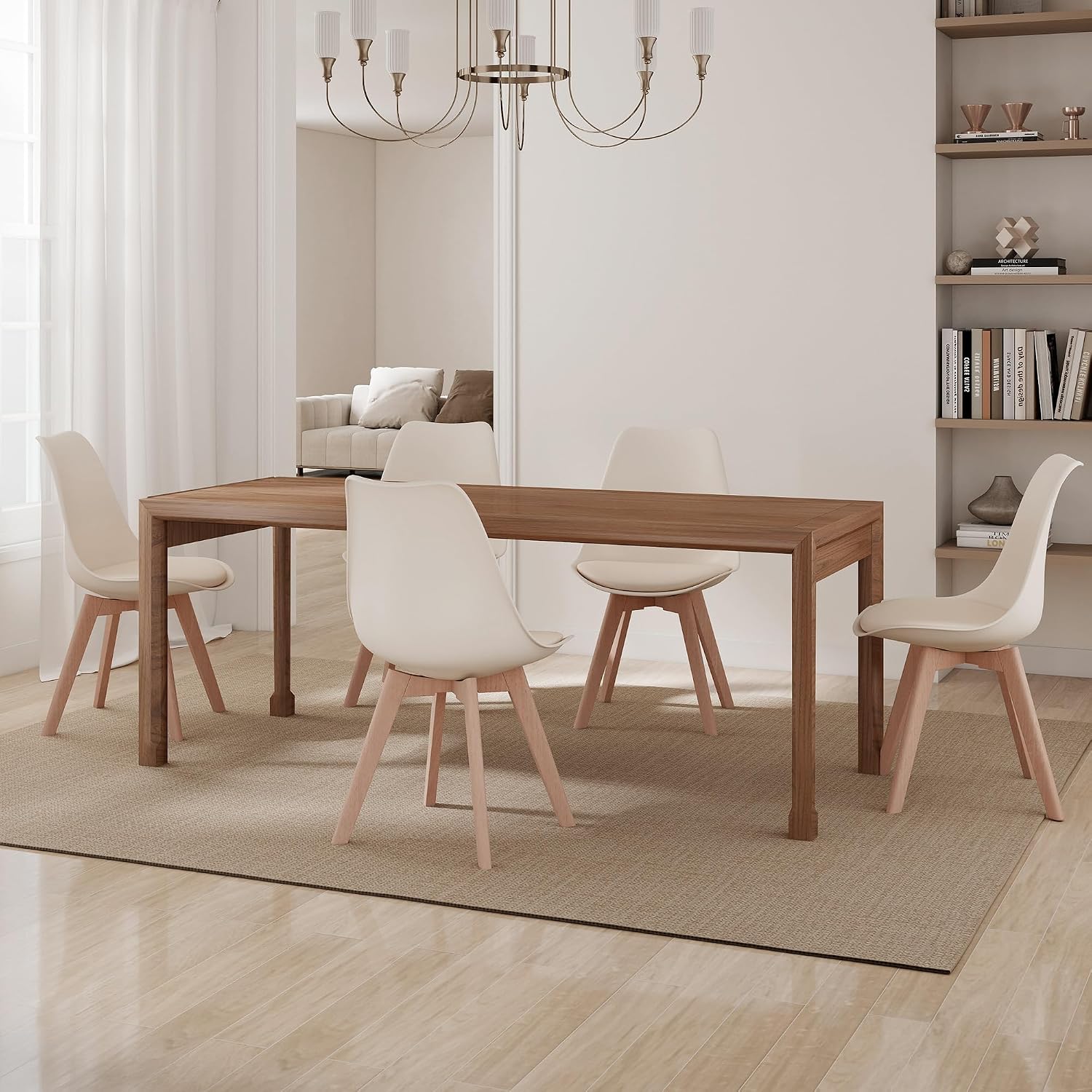 LSSBOUGHT Mid Century Modern Dining Chairs,Shell Lounge Plastic Side Chair with Soft Padded and Wooden Legs for Dining Room Living Room Bedroom Kitchen Set of 2 (Cream)