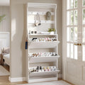 Tall Shoe Cabinet with Coat Rack, Hidden Shoe Storage Cabinet with Doors & Drawer, Hanging Bar & Hooks, Slim Narrow Freestanding Shoe Rack Organizer for Entryway, Hallway & Living Room, White