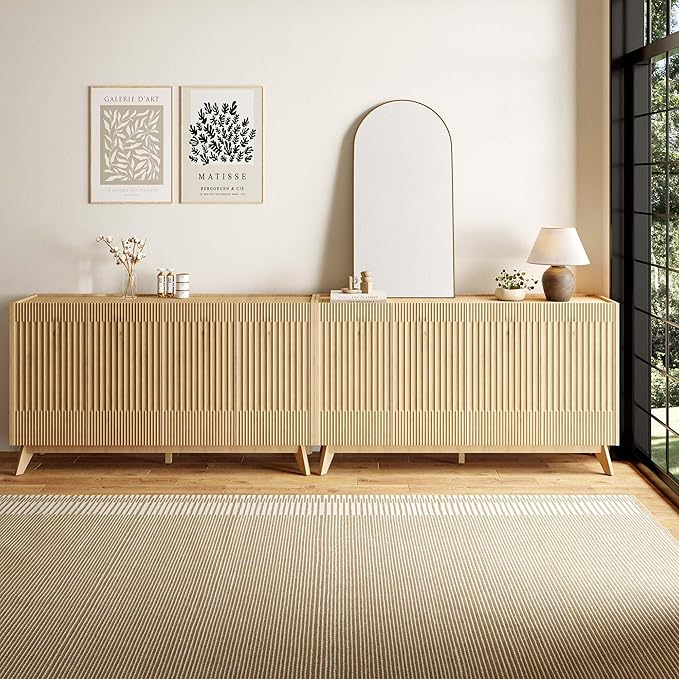 65" Large Sideboard Buffet Cabinet with Storage, Set of 2 Modern Fluted Credenza Buffet Tables with Doors & Adjustable Shelves for Living Room, Kitchen, or Dining Room, Natural Oak