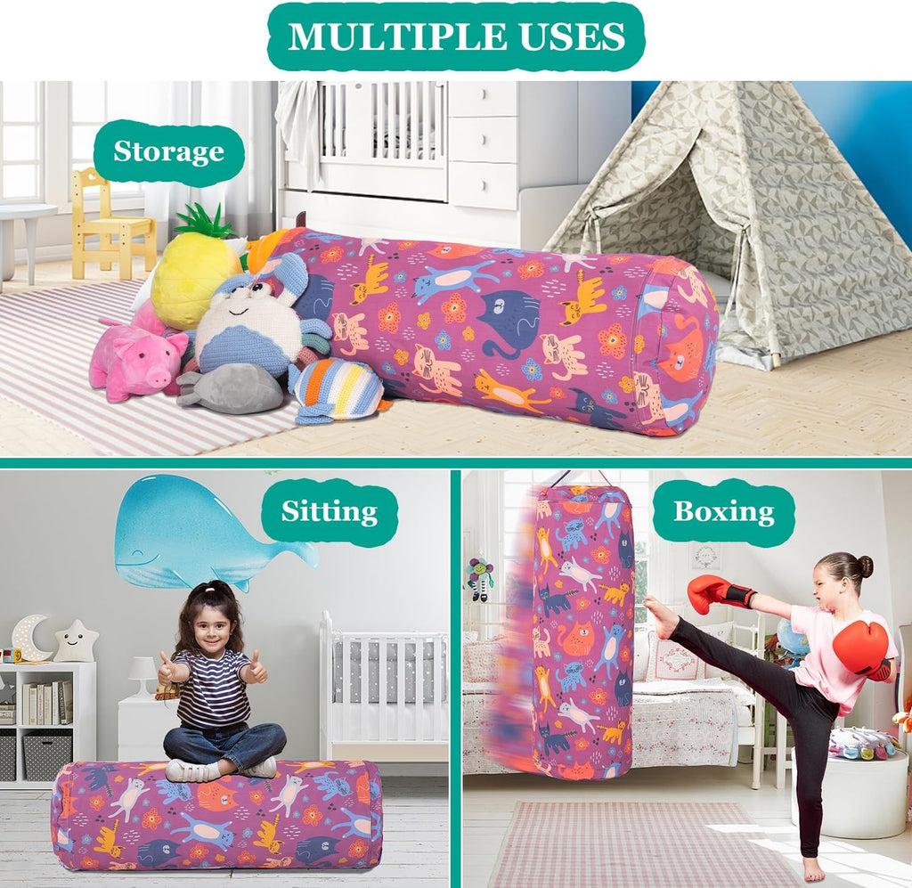 LOLOMLO Stuffed Animal Bean Bag Storage Chair for Kids Cover Only (No Filler), Organize, Sit, Play & Boxing, 100% Cotton Canvas Washable, Ultra Soft Cylinder Long Vertical Zipper Best Gift for Child