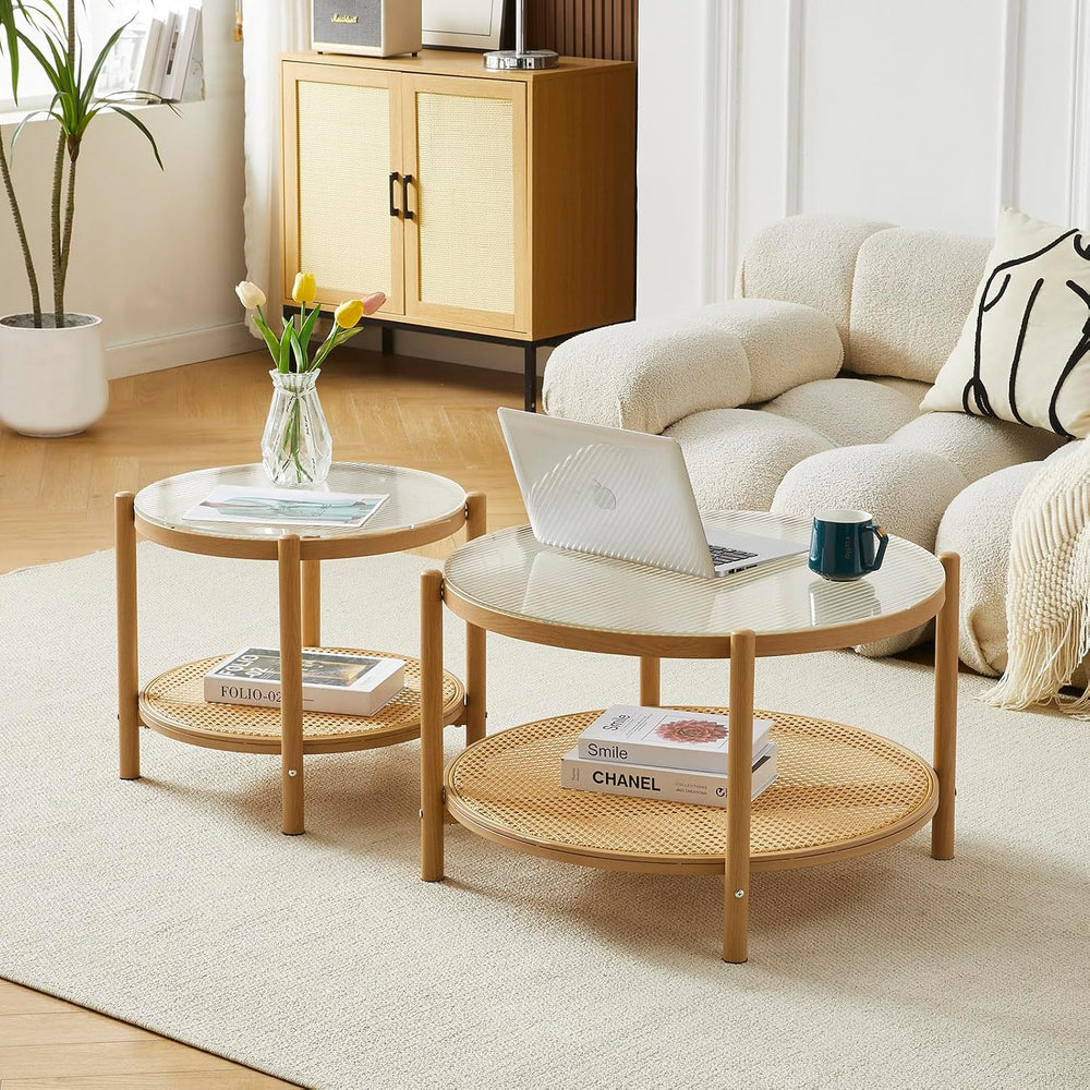 Boho Rattan Coffee Table Set of 2, Round Glass Living Room Table Set | Temper...