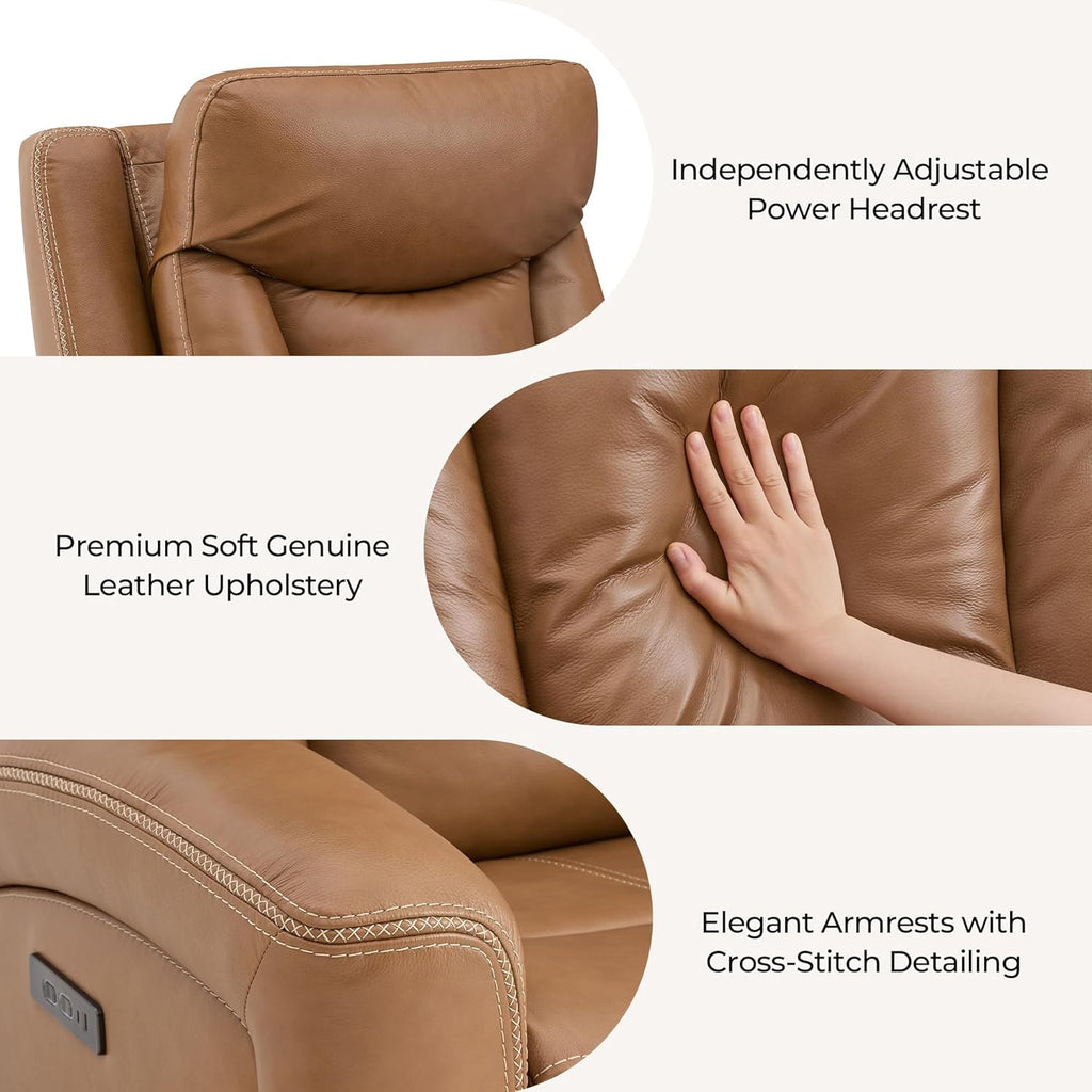 CHITA Genuine Leather Super Zero Gravity Power Recliner Chair, Saddle | Adjustable Power Headrest, USB & Type-C Ports for Living Room & Home Theater