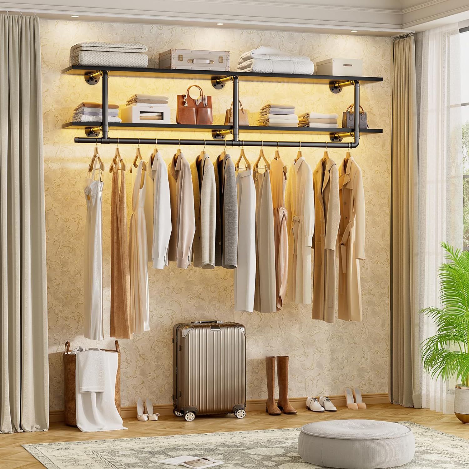 Aheaplus Industrial Pipe Clothes Rack with Top Shelf, 47In Space-Saving Wall Mounted Clothing Rack, 2 Tiers Heavy Duty Pipe Clothing Shelves with Hanging Rod for Laundry Room, Closet Storage, Black
