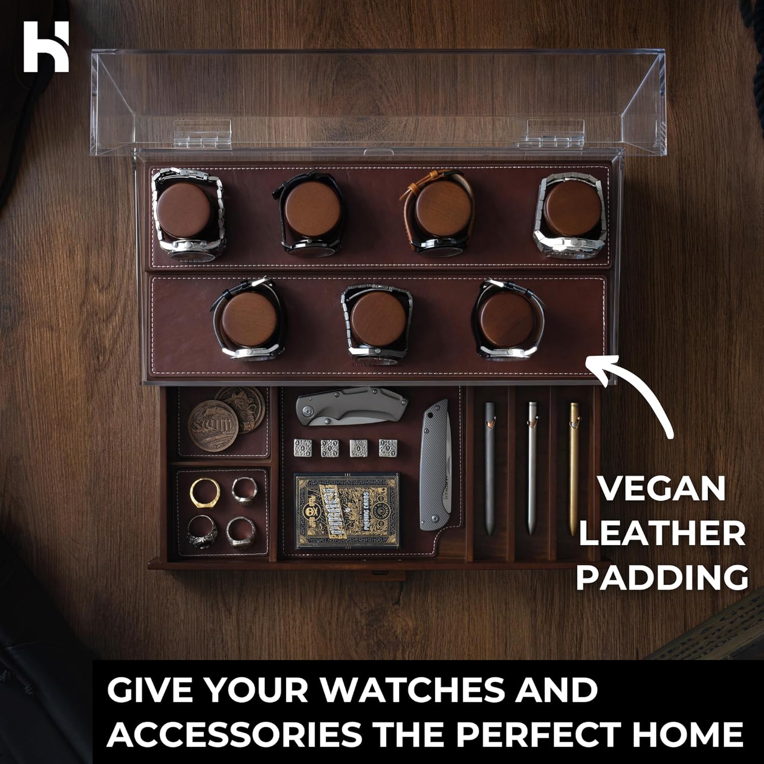 Premium 7 Slot Watch Box for Men - Large Wooden Watch Display Case with Hinged Cover, Leather Lining & Drawer - Watch Holder Organizer Stand - Handcrafted Luxury Christmas Gift for Men