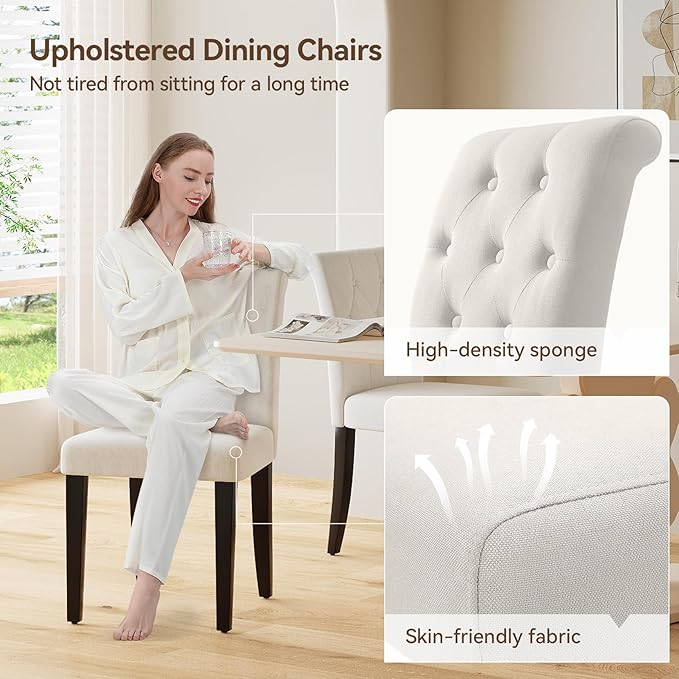 Upholstered Dining Chairs Set of 4, 19 Inches Wide Button Tufted Parsons Dining Chair with Solid Wood Legs, Modern Fabric Side Chair for Dining Room/Kitchen/Restaurant/Hotel- White Wider
