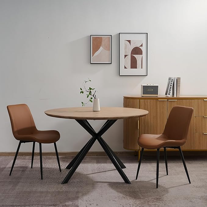 47.2" 5-Piece Round Dining Table Set for 4, Modern Wood Dining Table with 4 Upholstered Chairs, Kitchen & Dining Room Table Set with Metal Base for Apartment, Small Space, Natural Table+4 Brown Chairs
