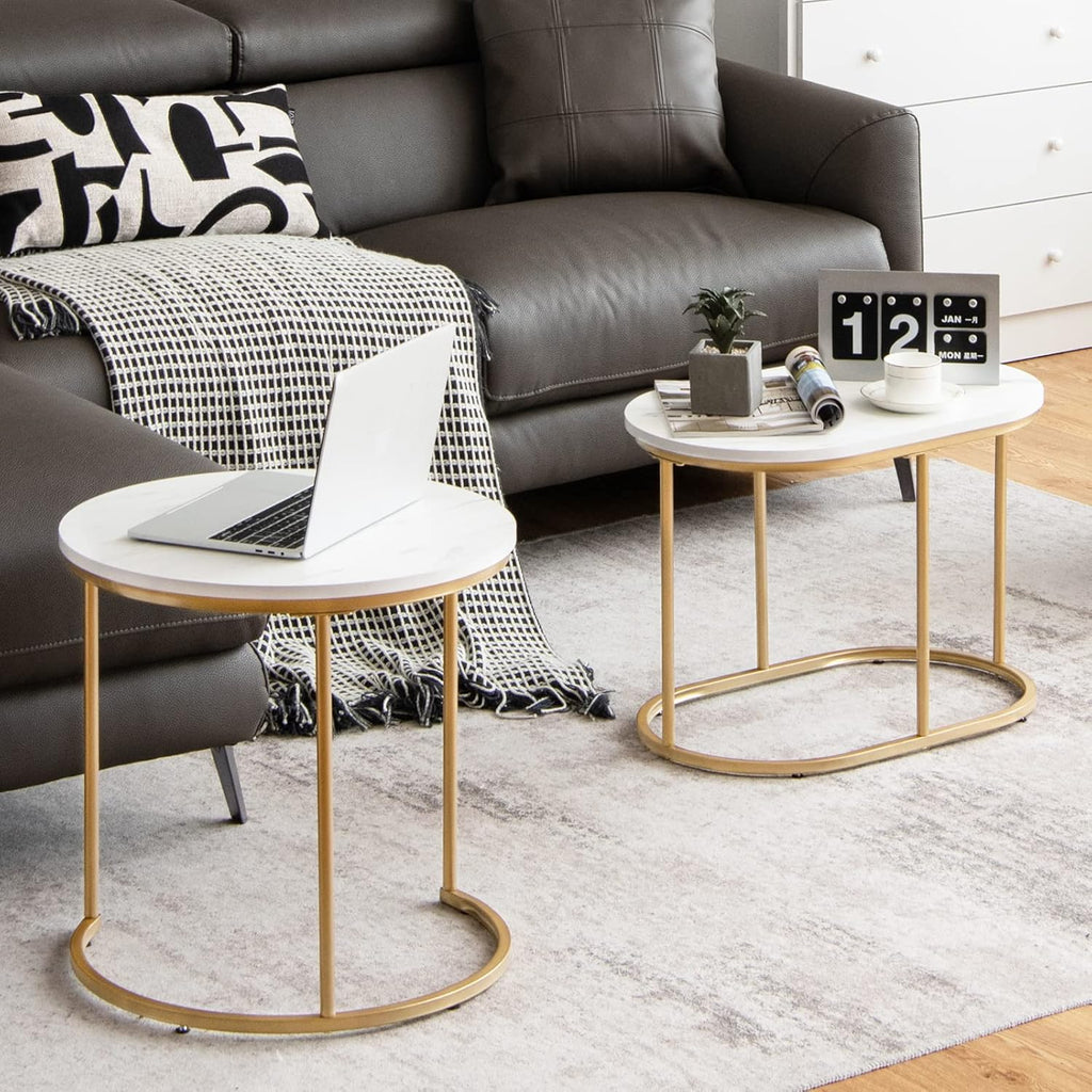 Giantex Modern Nesting Coffee Table Set of 2, Coffee Table & End Table Sets, Golden Steel Frame, Easy Assembly, Accent Marble-Look Stacking Side Table for Living Room Bedroom Apartment (Gold)
