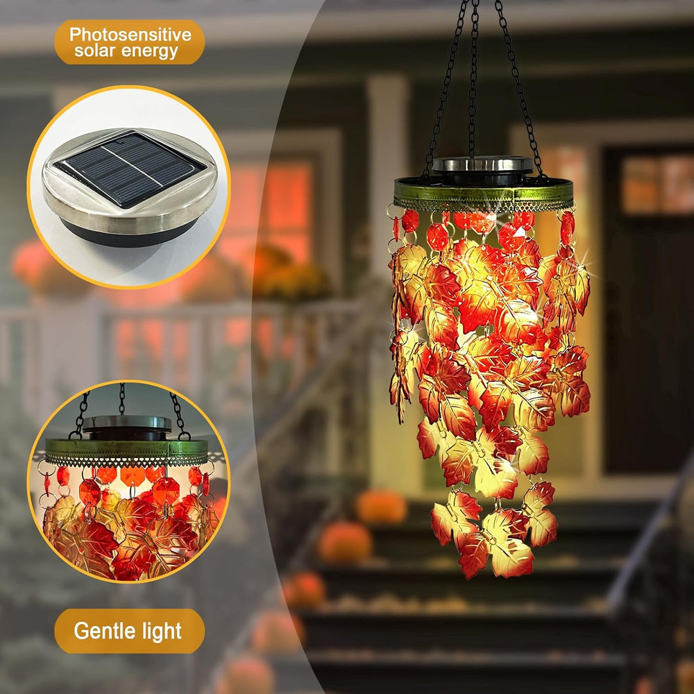 Fall Wind Chimes for Outside,Solar Maple Leaves Hanging Fall Mobile Lights