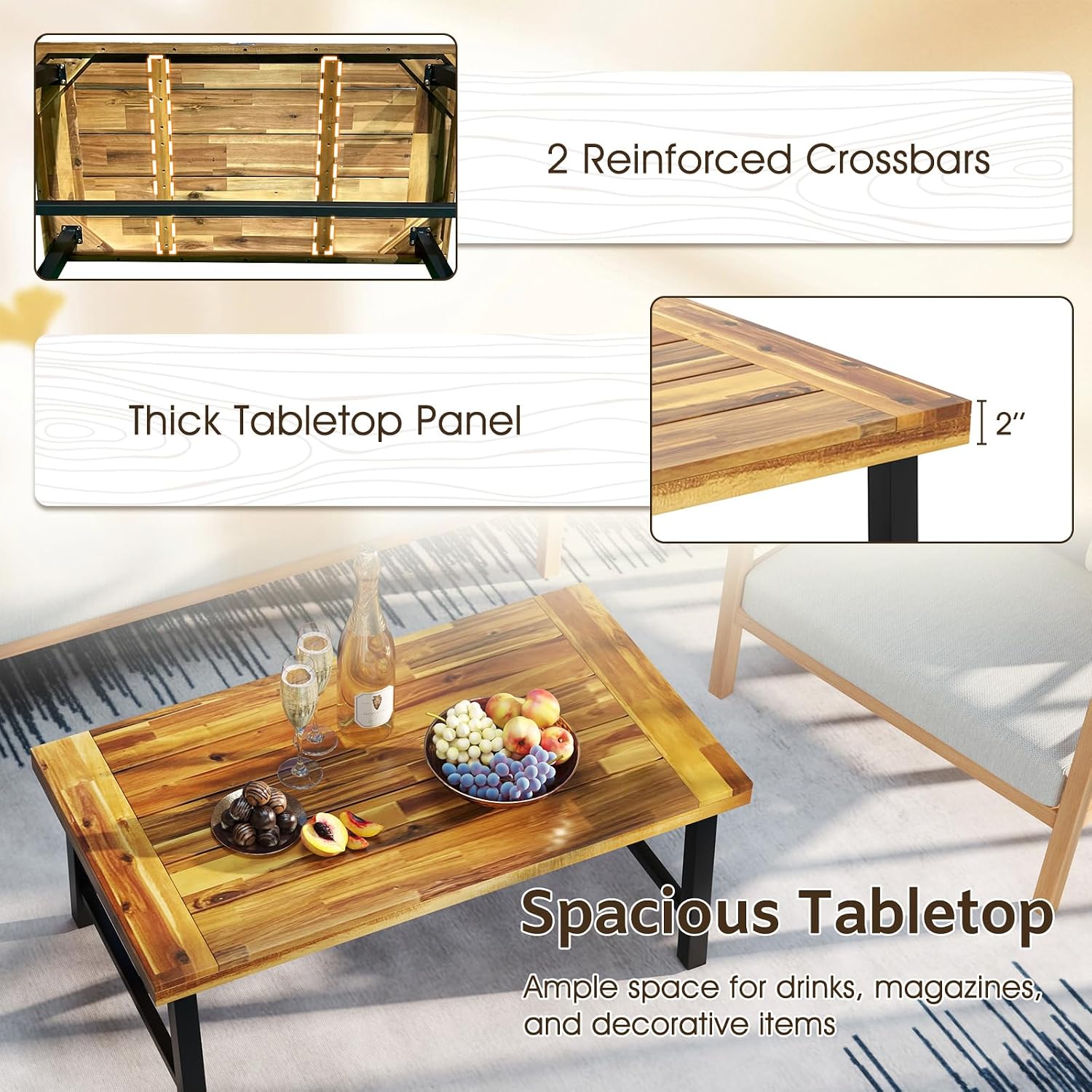 Tangkula Outdoor Acacia Wood Coffee Table, Rectangle Rustic Accent Table with Thickened Top & Heavy-Duty Metal Legs, for Patio, Deck, Garden, Natural