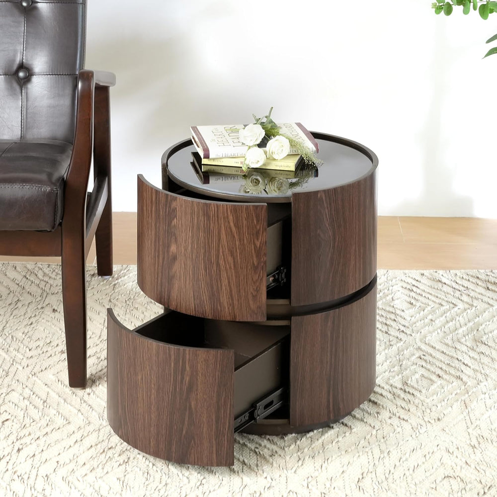 Italian High-End MDF Double-Layer Storage Round Side Table - Brown & Blac...