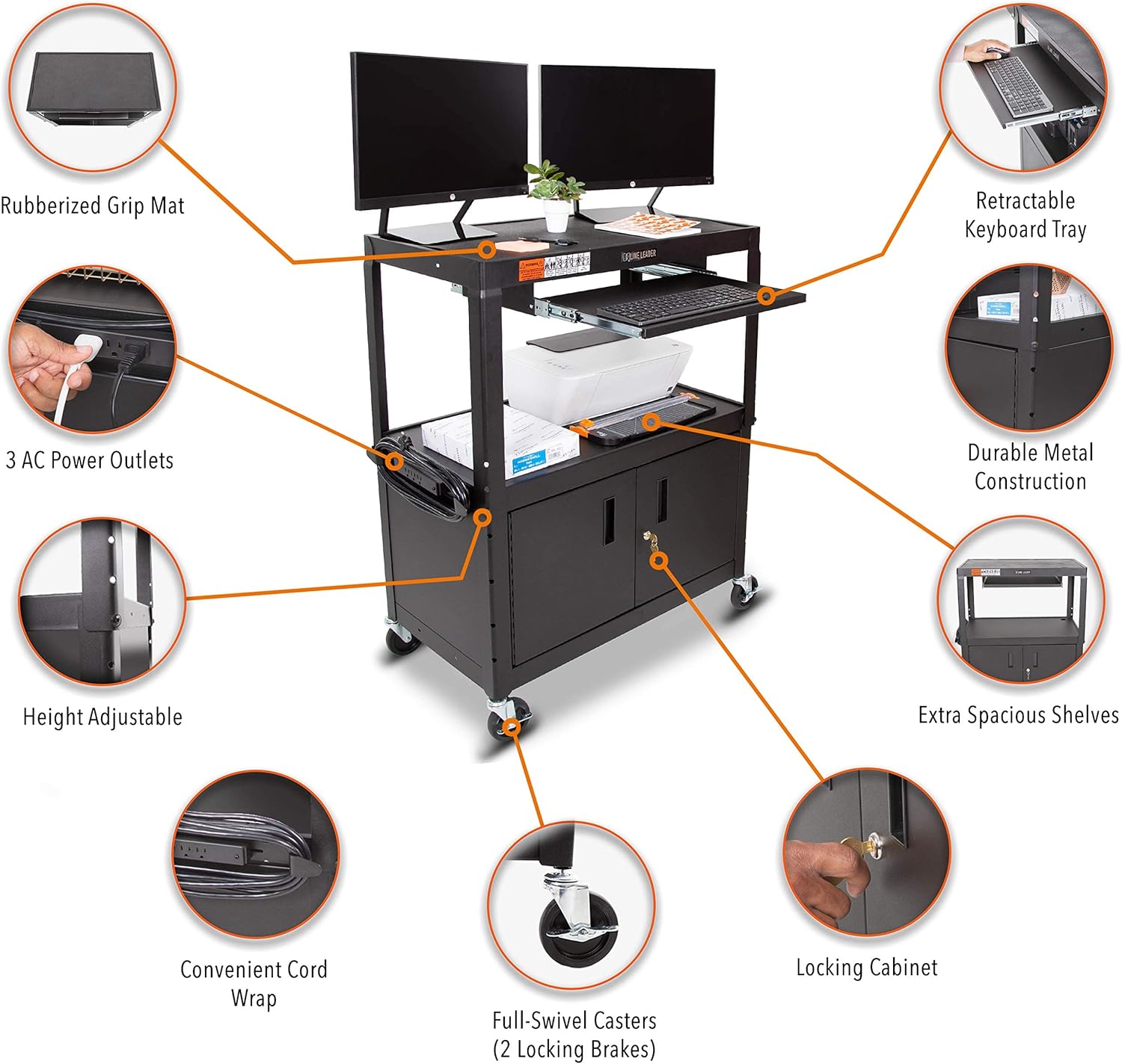 Line Leader Large AV Cart with Locking Cabinet | Height Adjustable Utility Cart with Pullout Keyboard Tray & Cord Management | UL Safety-Certified Computer Cart | Easy Assembly (32 x 18 x 42in)