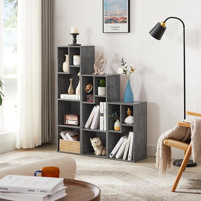 VECELO Small Bookshelf, 5 Cube Slim Bookcase, Fits Tallest Hardcovers, Horizontal Available, Modern Floor Standing Unit, Each Shelf Hold Up to 66 LBS,Modern Gray